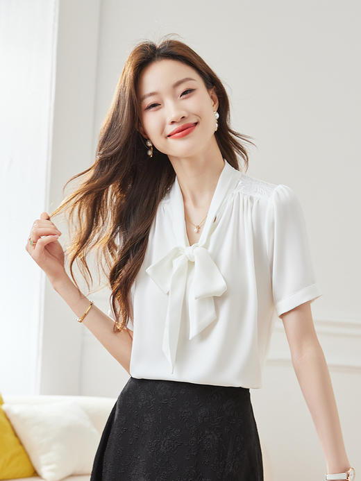 甜美蝴蝶结短袖衬衫女2023夏季新款小众垂感衬衣别致上衣 商品图3