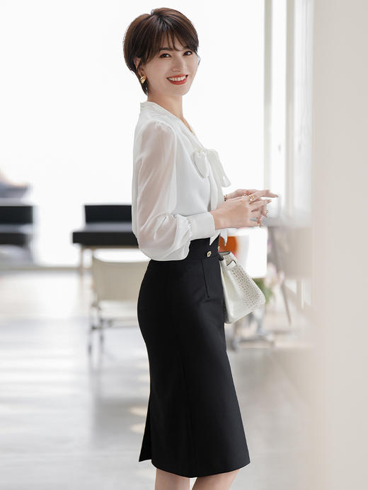 白色衬衣职业套裙套装2023夏季新款系带飘带时尚套装裙子 商品图2