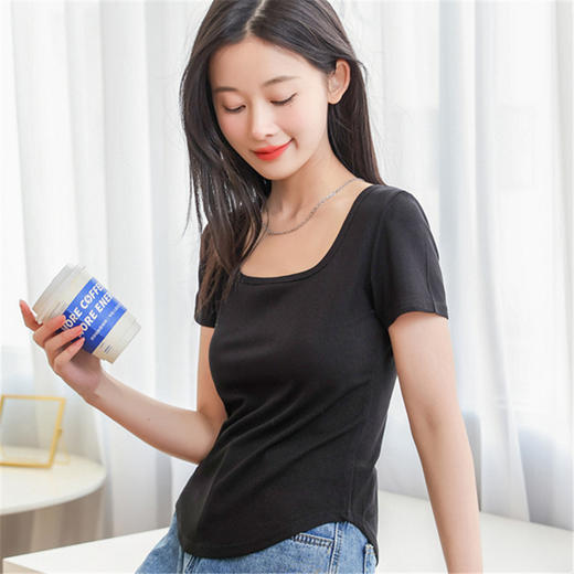 【简约优雅，舒适到忘了它的存在】2023夏季新款螺纹短袖t恤女ins小众设计修身显瘦U领上衣 商品图6