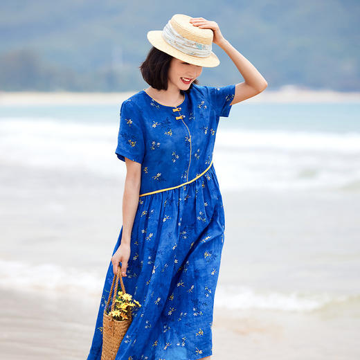 夏季新款，苎麻印花连衣裙文艺复古克莱因蓝显瘦棉麻A字大摆裙YM-S376-1 商品图1