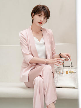 粉色西装外套女光泽感2023夏季新款七分袖正装职业套装