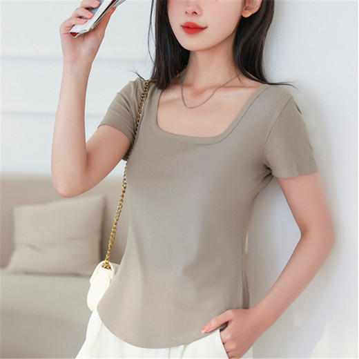 【简约优雅，舒适到忘了它的存在】2023夏季新款螺纹短袖t恤女ins小众设计修身显瘦U领上衣 商品图8