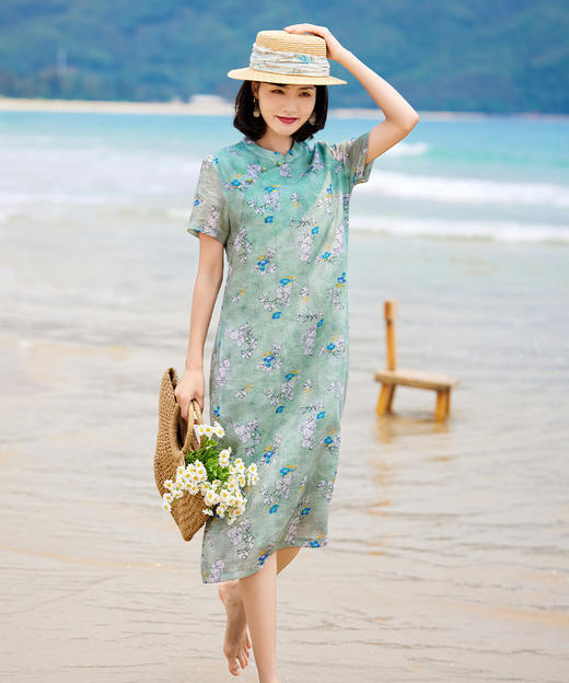 夏季新款，苎麻印花改良旗袍复古小个子立领短袖国风文艺连衣裙YM-S384 商品图3