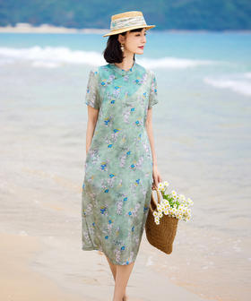 夏季新款，苎麻印花改良旗袍复古小个子立领短袖国风文艺连衣裙YM-S384