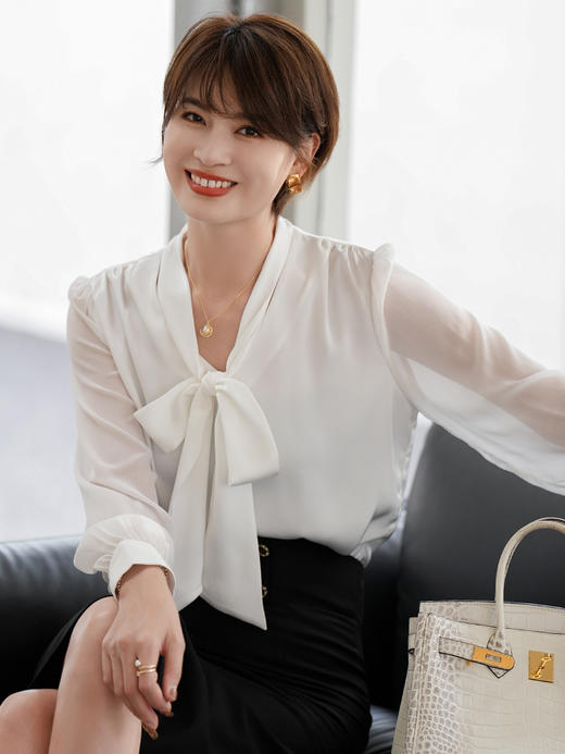 白色衬衣职业套裙套装2023夏季新款系带飘带时尚套装裙子 商品图1