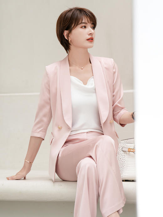 粉色西装外套女光泽感2023夏季新款七分袖正装职业套装 商品图4
