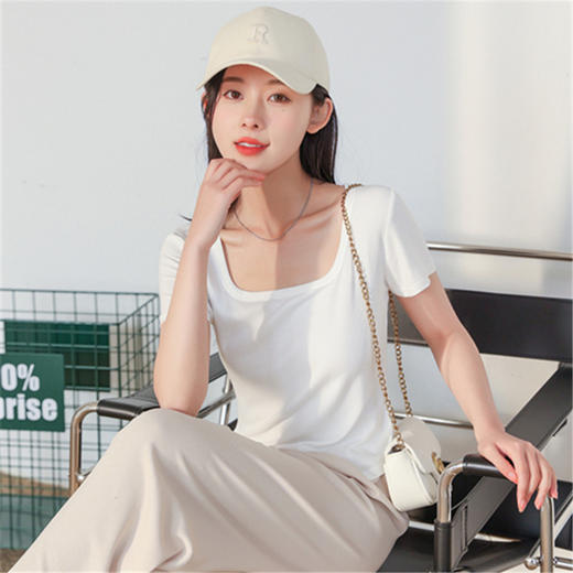 【简约优雅，舒适到忘了它的存在】2023夏季新款螺纹短袖t恤女ins小众设计修身显瘦U领上衣 商品图2