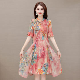 夏季印花连衣裙，中老年妈妈装短袖开衩中长裙复古旗袍裙QYM-JJ-KL23A50-Y