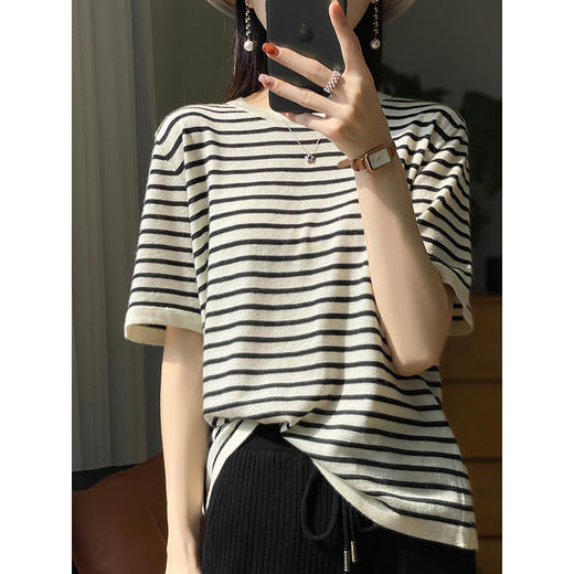【康赛妮纱线】白厂丝羊绒！穿过不想脱！条纹减龄针织T恤女SYR01 商品图2