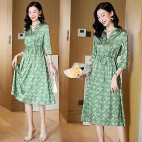 ASE-23068印染V领气质百搭时尚真丝连衣裙