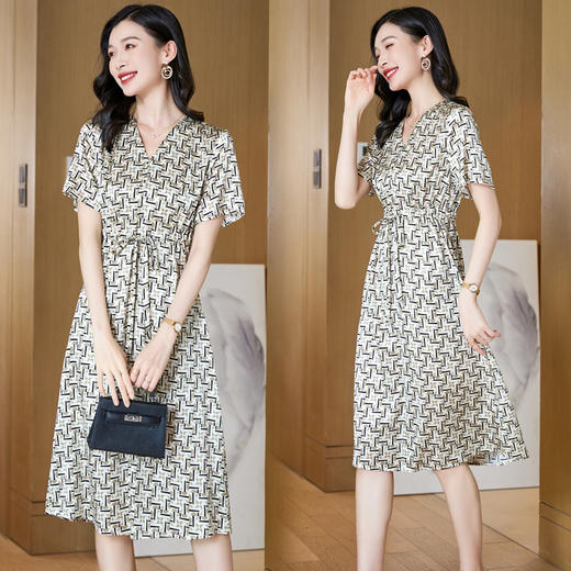 ASE-9569   V字领气质优雅时尚知性真丝短袖连衣裙 商品图1