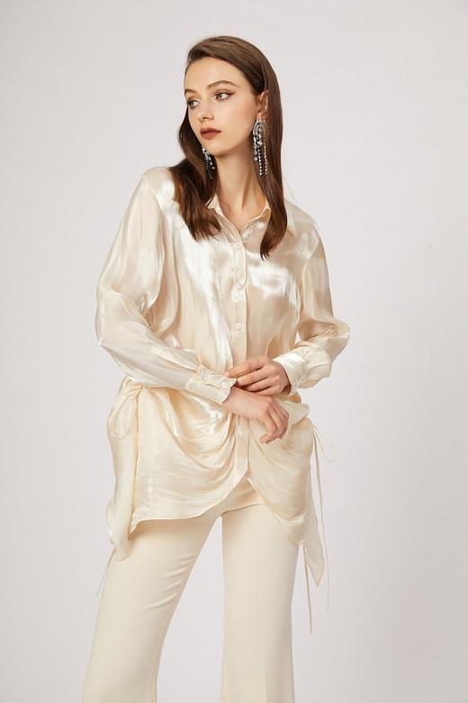不规则抽绳下摆水光亮纱香槟色防晒衬衫 商品图0