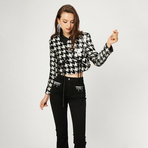 黑色水晶流苏链条高弹喇叭裤 商品图3