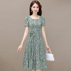 气质夏款，中长款碎花简约系带收腰时尚雪纺裙方领短袖连衣裙QYM-DFN-A2857-L