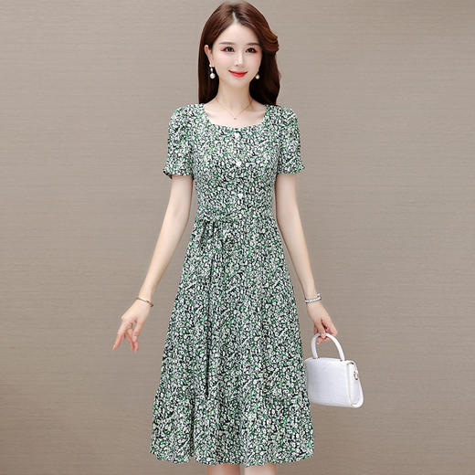 气质夏款，中长款碎花简约系带收腰时尚雪纺裙方领短袖连衣裙QYM-DFN-A2857-L 商品图0