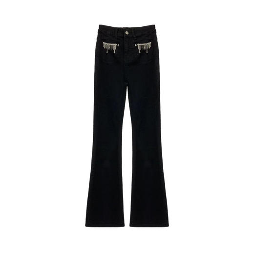 黑色水晶流苏链条高弹喇叭裤 商品图1