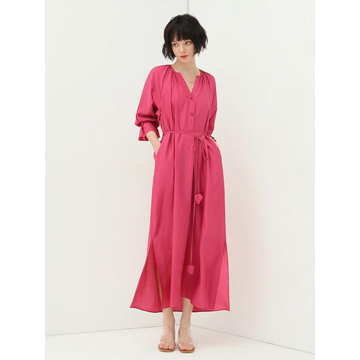 COCOBELLA玫瑰花苞腰绳捏褶衬衫裙气质玫红色度假连衣裙FR169 商品图2