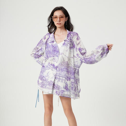 紫色东西方花园乔其纱露背衬衣 商品图3