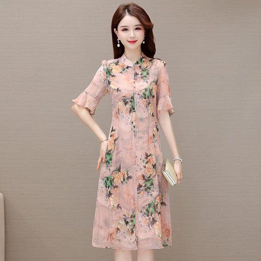 夏季印花连衣裙，中老年妈妈装短袖开衩中长裙复古旗袍裙QYM-JJ-KL23A50-Y 商品图1