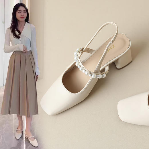 ZHR包头单凉鞋半拖鞋女夏外穿鞋子韩版珍珠凉鞋百搭单鞋高跟鞋女 商品图0