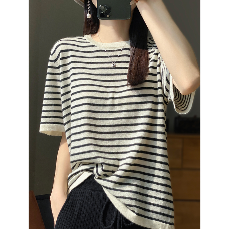【康赛妮纱线】白厂丝羊绒！穿过不想脱！条纹减龄针织T恤女SYR01
