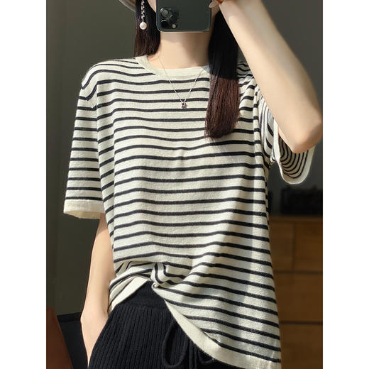 【康赛妮纱线】白厂丝羊绒！穿过不想脱！条纹减龄针织T恤女SYR01 商品图0