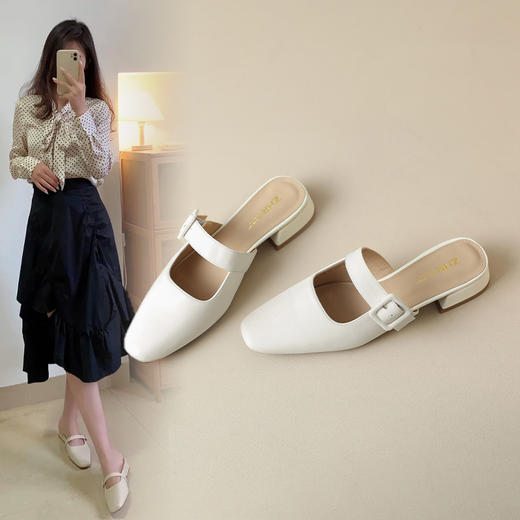 ZHR包头半拖鞋穆勒拖玛丽珍鞋子女浅口单鞋方头一字扣带包头凉鞋 商品图0