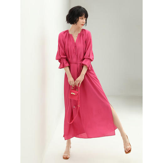 COCOBELLA玫瑰花苞腰绳捏褶衬衫裙气质玫红色度假连衣裙FR169 商品图3