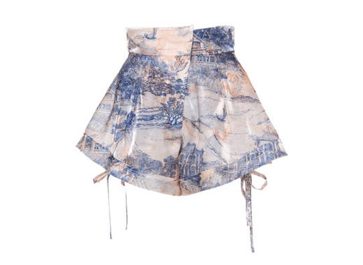 杏色东西方花园幻境印花水晶纱双层短裤 商品图0