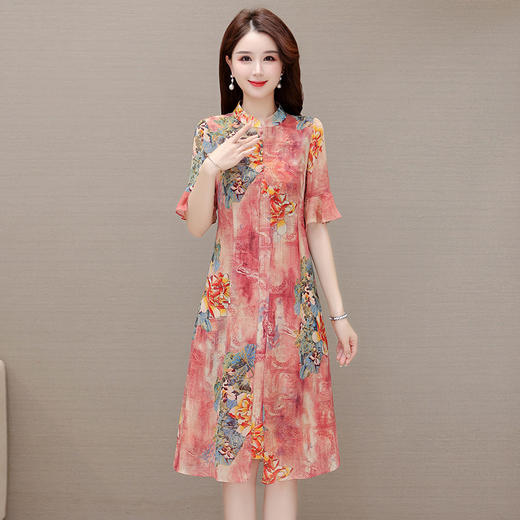 夏季印花连衣裙，中老年妈妈装短袖开衩中长裙复古旗袍裙QYM-JJ-KL23A50-Y 商品图5