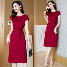 ASE-23057圆领A字裙气质时尚优雅真丝连衣裙