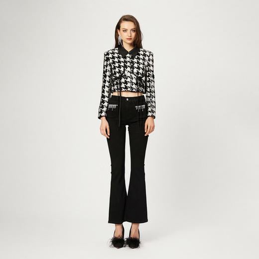 黑色水晶流苏链条高弹喇叭裤 商品图0