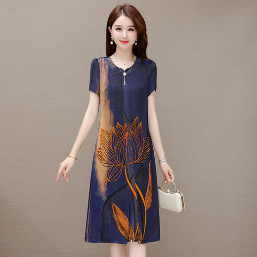 气质通勤，夏款印花中长款修身时尚雪纺裙圆领短袖连衣裙QYM-XQD-59B2339-L 商品图1