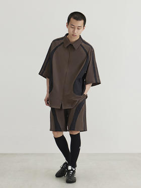 CryingCenter  棕黑色拼接休闲运动短袖衬衣衬衫 哭喊中心