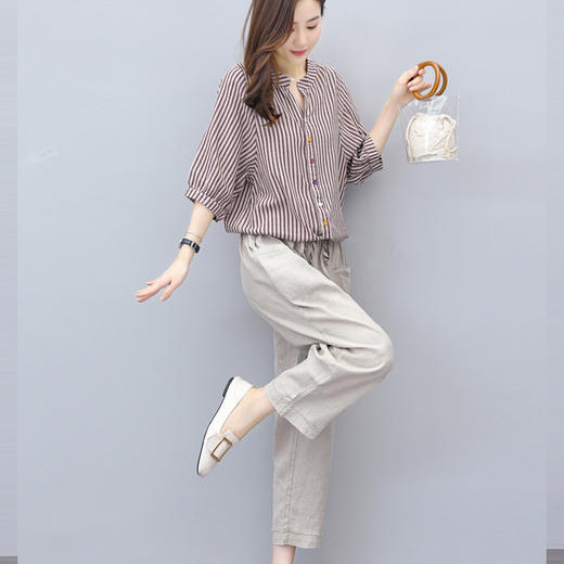棉麻套装2023夏装新款女装韩版条纹上衣九分裤亚麻两件套BYT-8771 商品图2