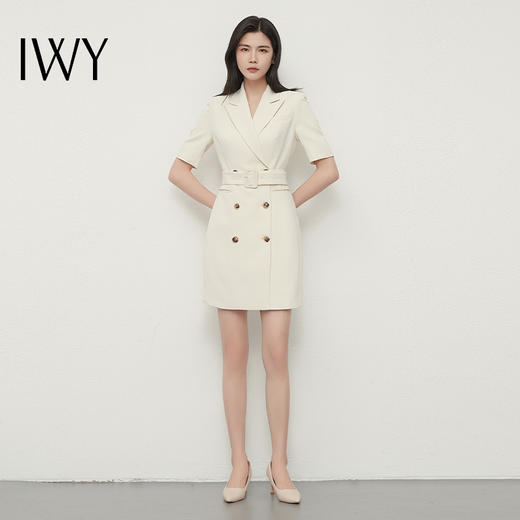 IWY/夏季短袖杏色西装连衣裙女薄款收腰显瘦气质播音主持人正装女Q13248 商品图0
