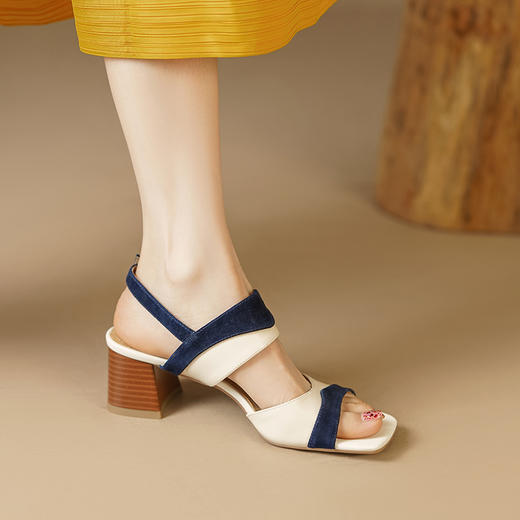 绝美优雅，法式拼色粗跟露趾凉鞋LCC-C9193 商品图3