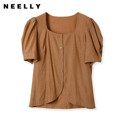 NEELLY纳俪商场同款法式复古方领天丝短袖衬衫女小众别致短款上衣N23052B01146 商品图0
