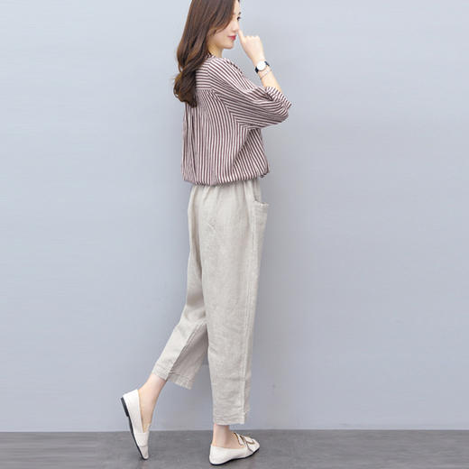 棉麻套装2023夏装新款女装韩版条纹上衣九分裤亚麻两件套BYT-8771 商品图3