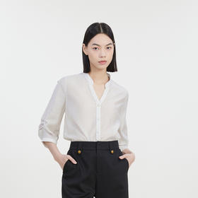 谜底V领提花衬衫女2023夏季新款通勤宽松衬衣褶皱感分袖232MC0688