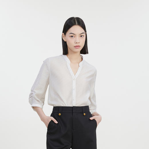 谜底V领提花衬衫女2023夏季新款通勤宽松衬衣褶皱感分袖232MC0688 商品图0
