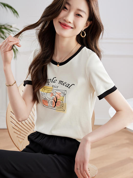 【专属特价】熙世界美式复古印花T恤女2025夏季新款时尚撞色圆领短袖体恤上衣 商品图1