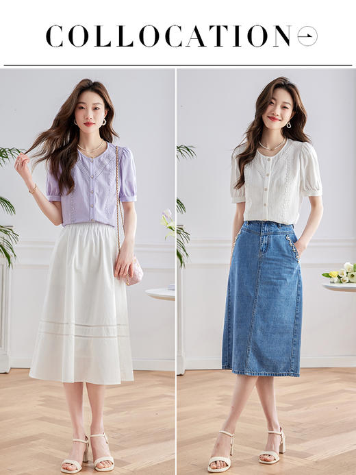 【五折购】熙世界100.%亲肤棉女士衬衫2025夏季新款气质优雅法式泡泡袖上衣 商品图4