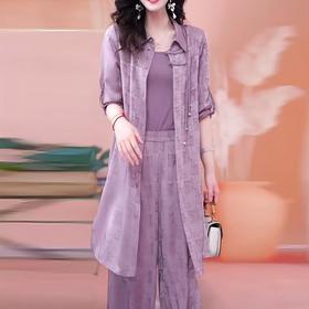 爆款时尚气质印花三件套新款开衫显瘦阔腿裤套装DD