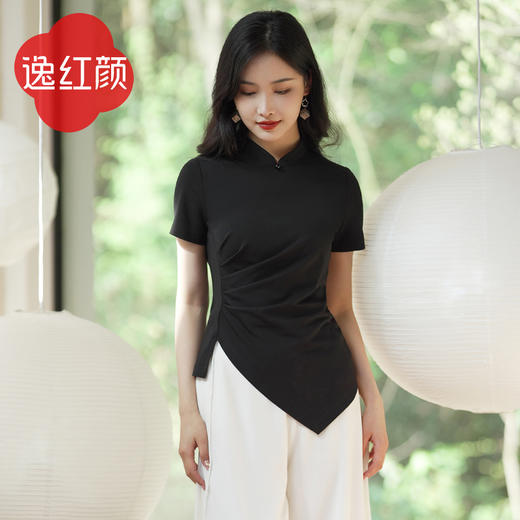 逸红颜云川2025夏季新款针织旗袍上衣单层中式立领短袖透气舒适 商品图0