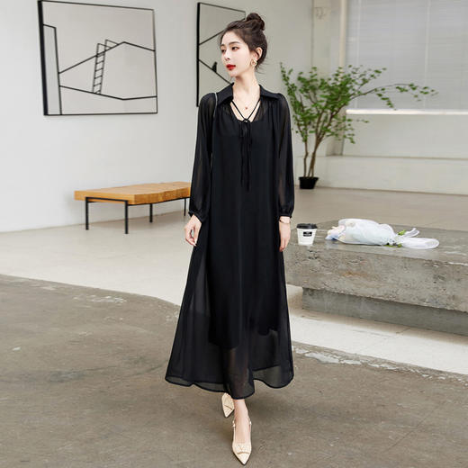 套装女2023年夏季新款吊带防透修身显瘦飘逸长袖长款两件套连衣裙HR-WL23169 商品图0