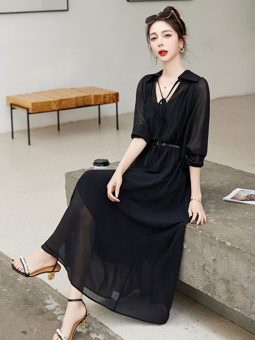 套装女2023年夏季新款吊带防透修身显瘦飘逸长袖长款两件套连衣裙HR-WL23169 商品图1