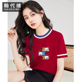 短袖女潮ins风宽松遮肉纯棉字母小熊图案印花撞色圆领上衣DD