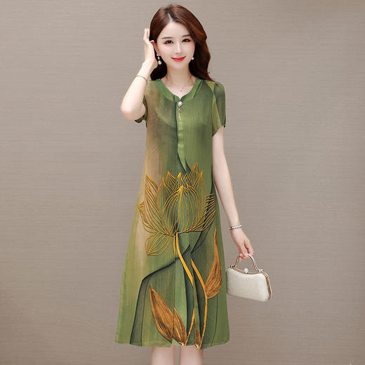 气质通勤，夏款印花中长款修身时尚雪纺裙圆领短袖连衣裙QYM-XQD-59B2339-L 商品图2