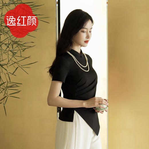 逸红颜云川2025夏季新款针织旗袍上衣单层中式立领短袖透气舒适 商品图1